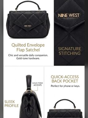 Nine West Black Quilted Envelope Flap Satchel with Gold Hardware
